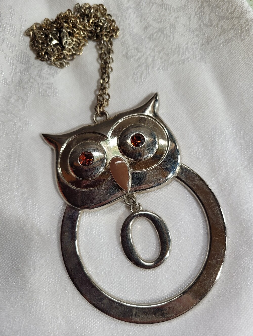 Vintage VCLM Owl Necklace Enamel Rhinestone 1970s Statement